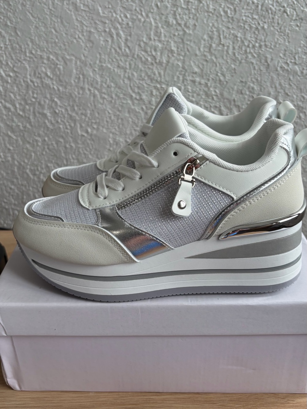 Women's White Platform Sneakers with Silver Accent Trim
